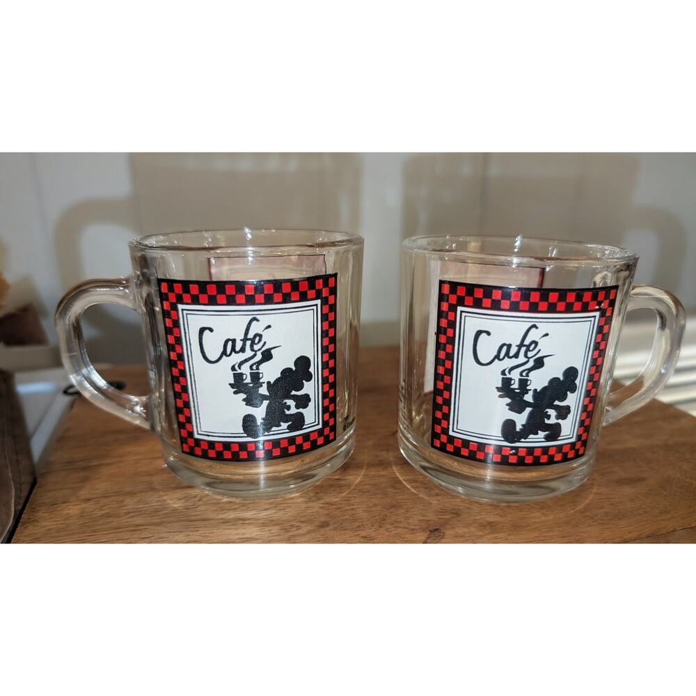 Set of Disney Mickey Mouse Cafe Glass Mugs Vintage Style